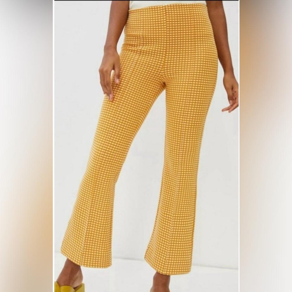 Maeve Anthropologie mustard yellow and cream checkered pull on flared pants